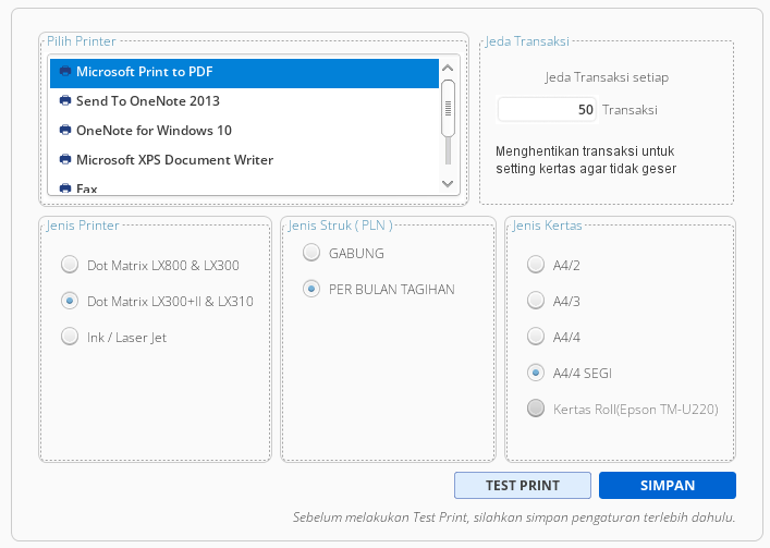 pengaturan printer aplikasi kiosbank